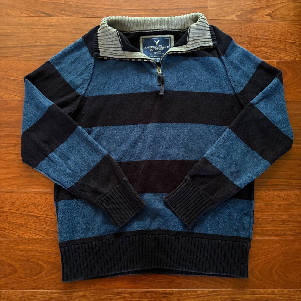 American Eagle Vintage Knit Quarter Zip Striped Sweater Blue Black Streetwear XL